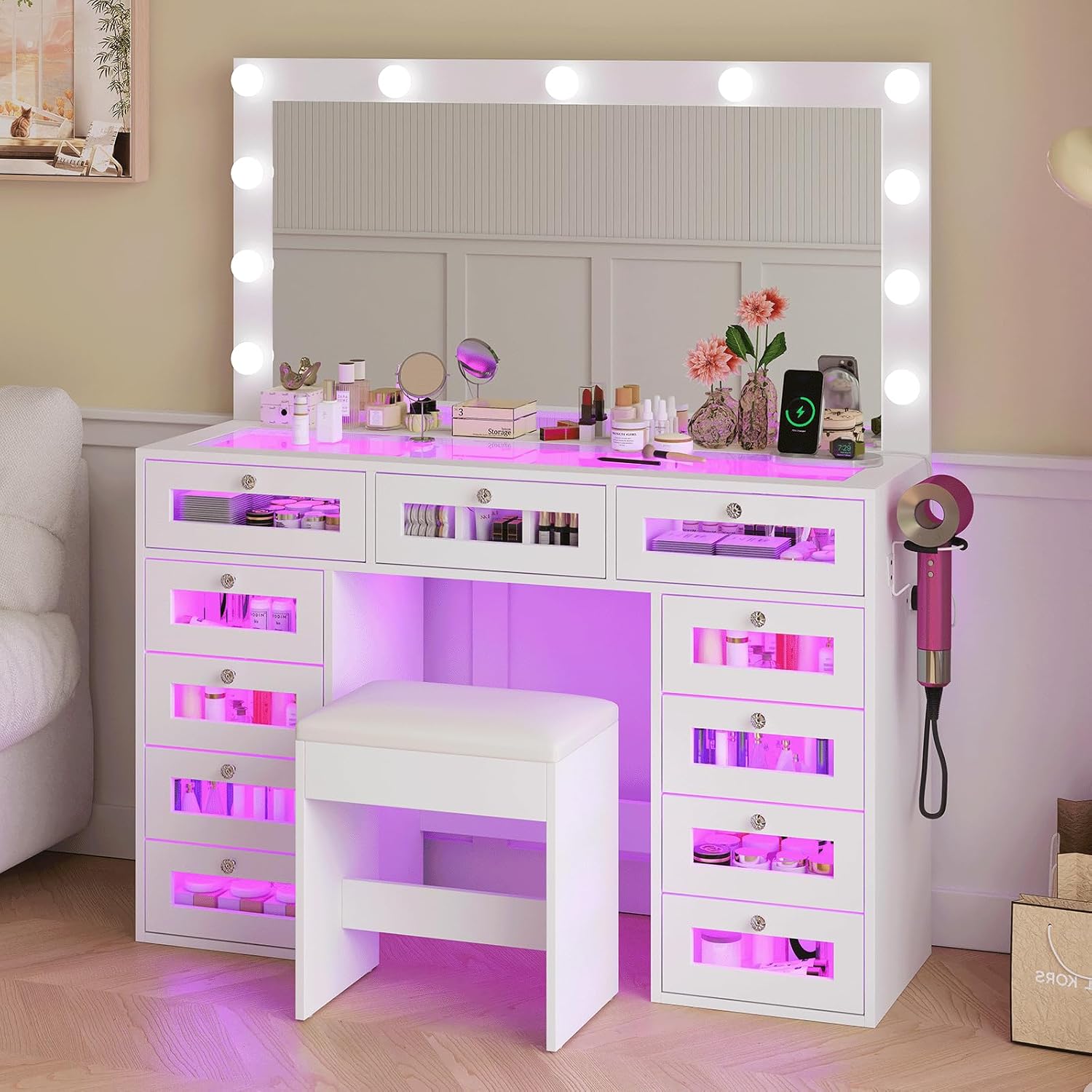 White Luxury Makeup Vanity with 11 Drawers & RGB Lights, Large Vanity Table with Padded Stool & 11 LED Bulbs, Vanity Desk with Power Station and Hair Dryer Holder, for Women Girls Bedroom.