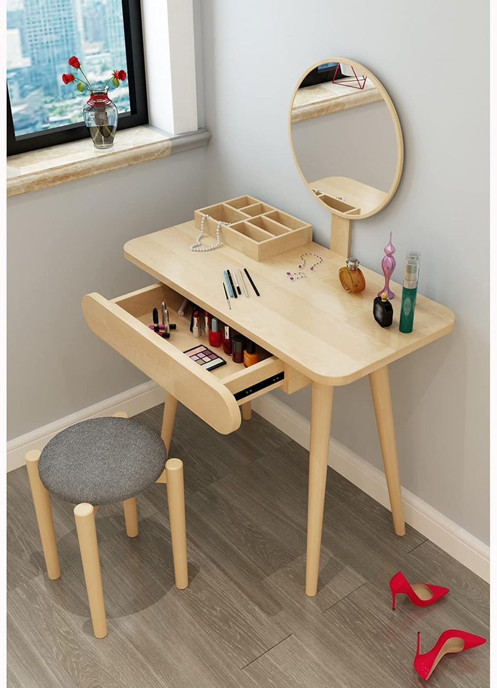 Dressing Table Vanity Set with Mirror and 1 Drawer, Makeup Vanity Dressing Table, Dresser Desk and Cushioned Stool Set for Girl, Women Bedroom Makeup Desk Size:60*45cm)