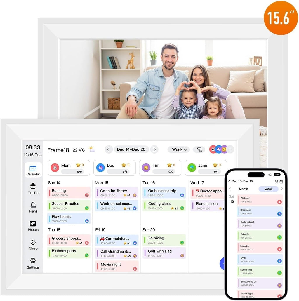 15.6' Smart Digital Wall Calendar Interactive Display for Family Schedules Wall Planner with Chore Charts Meal Planning Task Rewards 64GB Storage 1920x1080P IPS Touchscreen Digital Picture Frame White