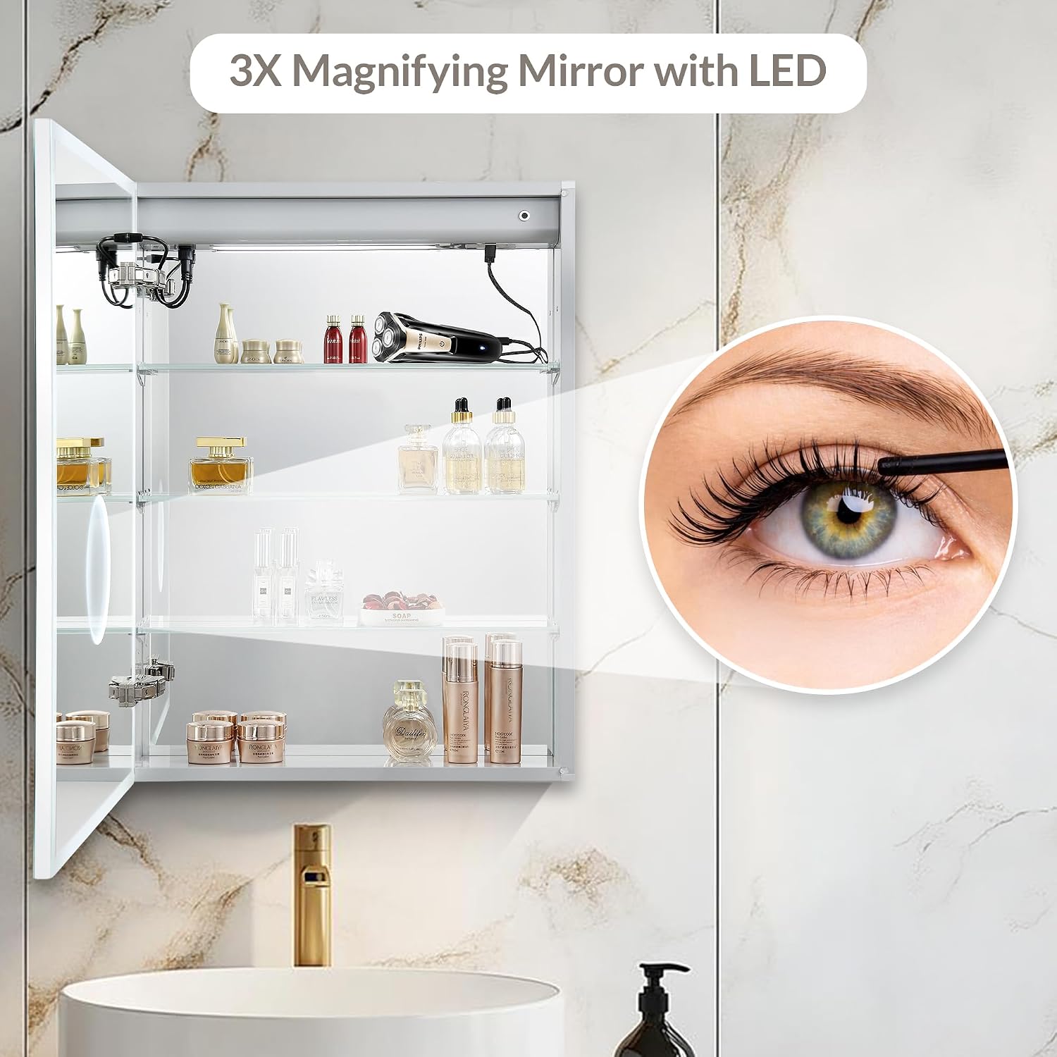 Blossom LED Lighted Mirror Medicine Cabinet, 24x32 Inch, Left Hinge, Recessed/Surface Bathroom LED Medicine Cabinet with Mirror, Defogger, Adjustable Brightness, 3X Makeup Mirror, Outlets & USB Ports