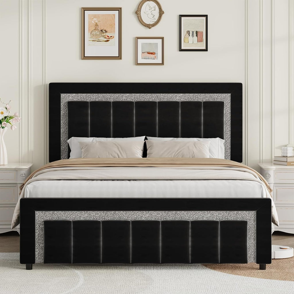 Queen Size Bed Frame with LED Lights and Velvet Upholstered Adjustable Headboard, Bed Frame Queen Size with Diamond Headboard & Footboard, Wooden Slats Support, Noise Free, No Box Spring Needed, Black