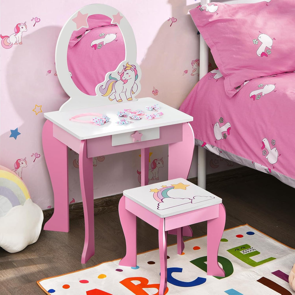 GLACER Kids Vanity & Kids Jewelry Armoire, Princess Little Girls Vanity, Standing Children Jewelry Organizer w/Full-Length Mirror & Foldable Drawers, Adjustable Angles, Kids Bedroom Set (Pink)