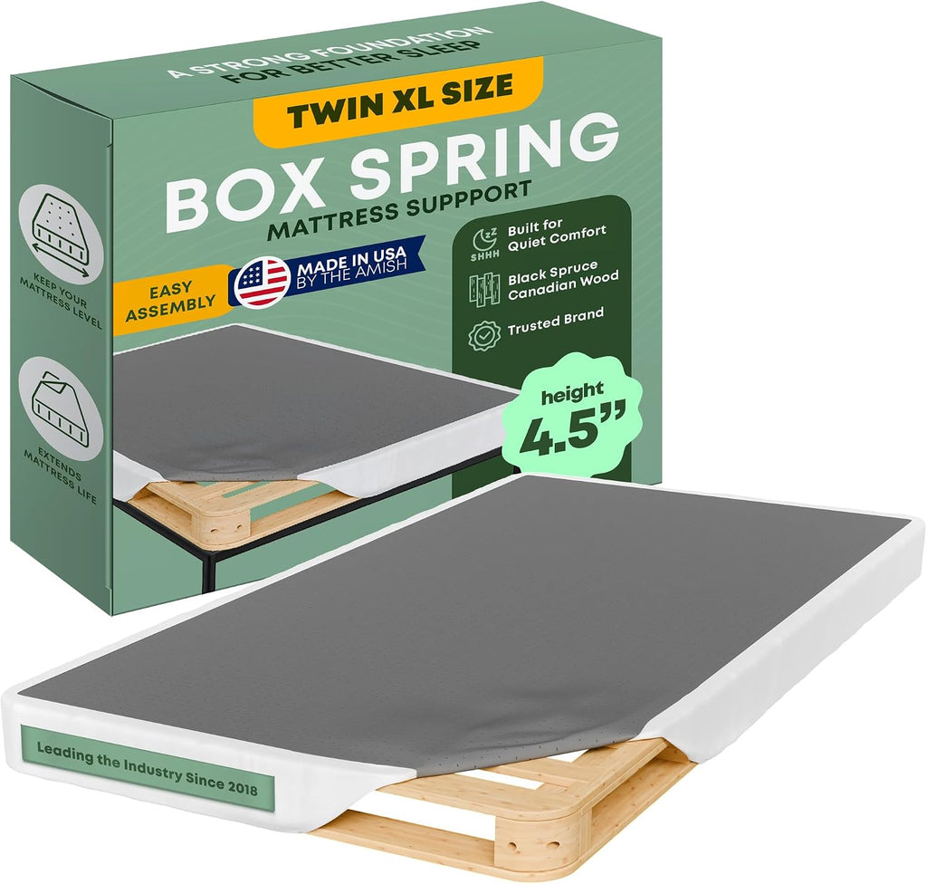 Greaton, Unassembled Twin XL Bed Inch Wood Box Spring Only – Amish Made in USA – Quiet Noise-Free Replacement Mattress Packed Flat, Easy Assembly (White), 4.5' Foundation