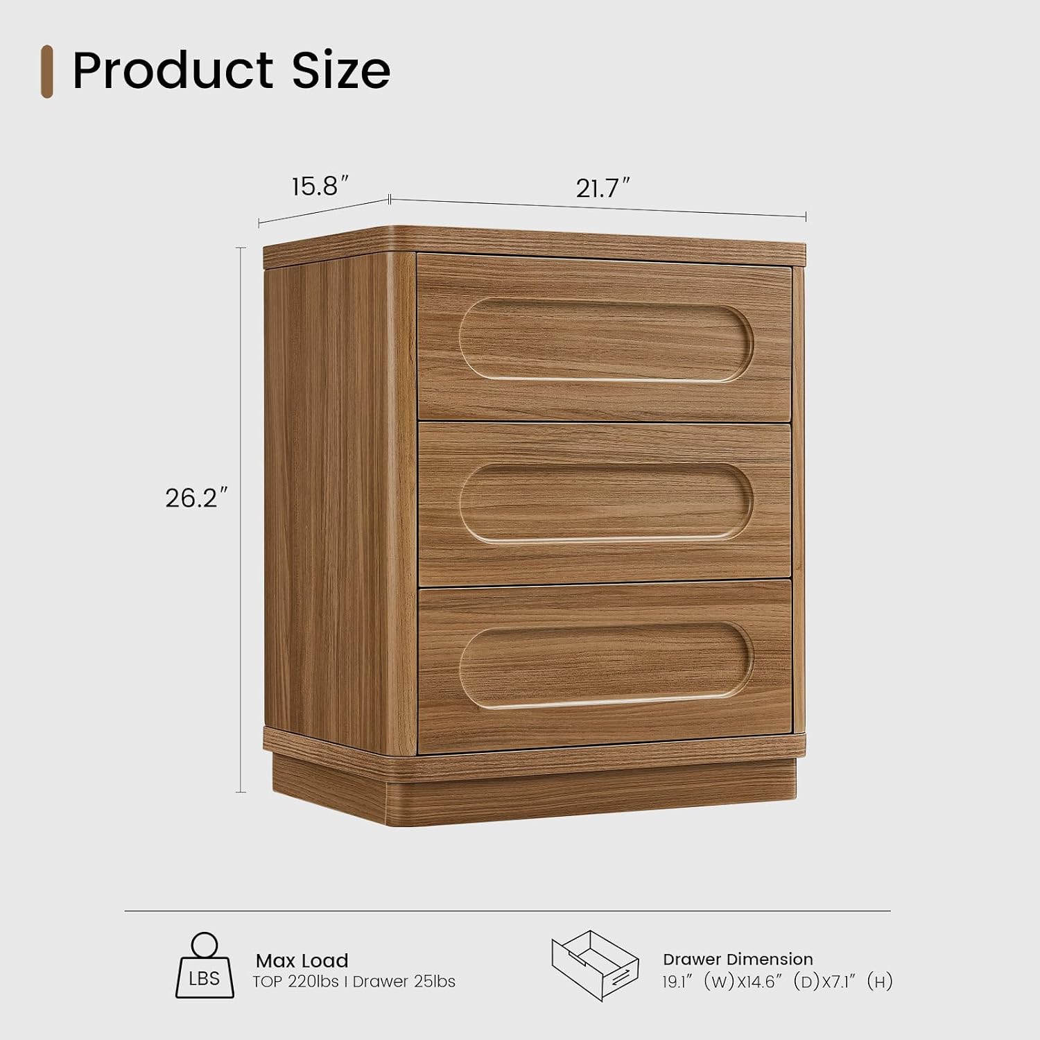 26.2' Tall Nightstand Set of 2, 21.7' W Night Stand with 3 Storage Drawers, Wood Beside Table, Rounded Corner Design for Bedroom (Brown)