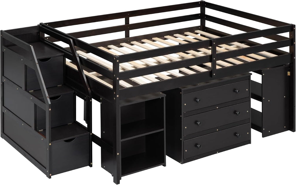 Full Size Loft Bed with Retractable Writing Desk, Wooden Loft Bed with 3 Drawers and Shelves, Storage Stairs, Versatility Low Loft Bed Storage Bed for Kids Boys Girls Bedroom (Espresso,Storage Stairs)