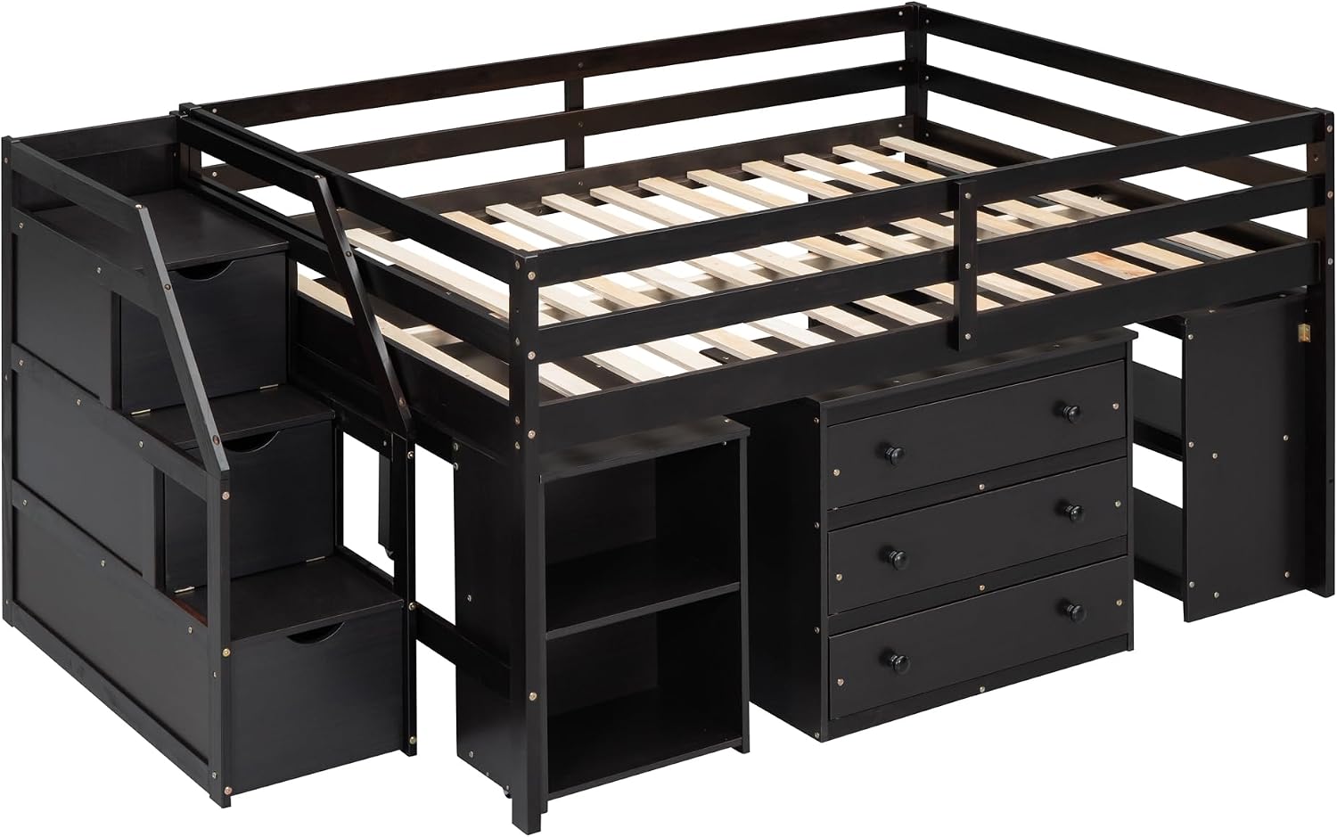 Full Size Loft Bed with Retractable Writing Desk, Wooden Loft Bed with 3 Drawers and Shelves, Storage Stairs, Versatility Low Loft Bed Storage Bed for Kids Boys Girls Bedroom (Espresso,Storage Stairs)