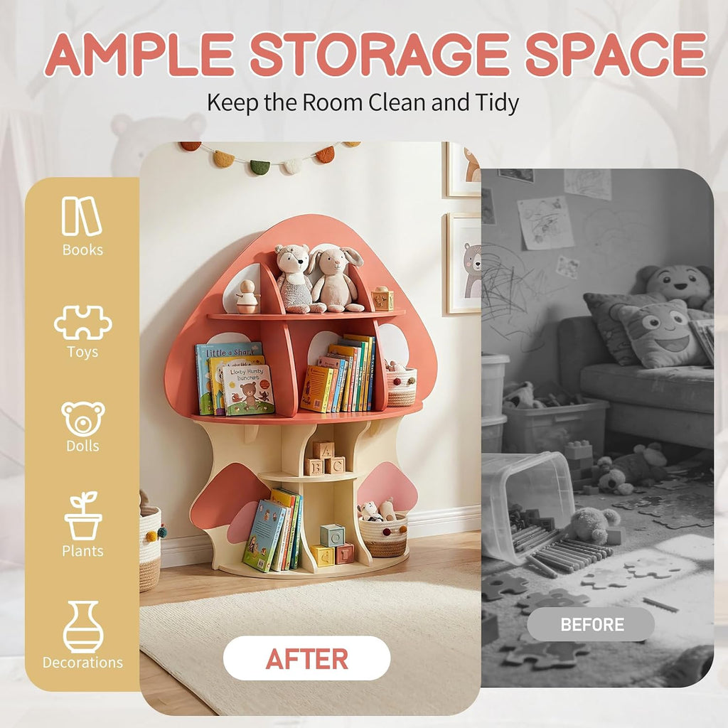 Karl home Children Mushroom Bookcase, Toddler Tree Bookshelf for Kids, Baby Montessori Bookshelf and Toy Storage, Kids Room Furniture, Display Shelf for Bedroom, Nursery, Playroom, Red-Orange