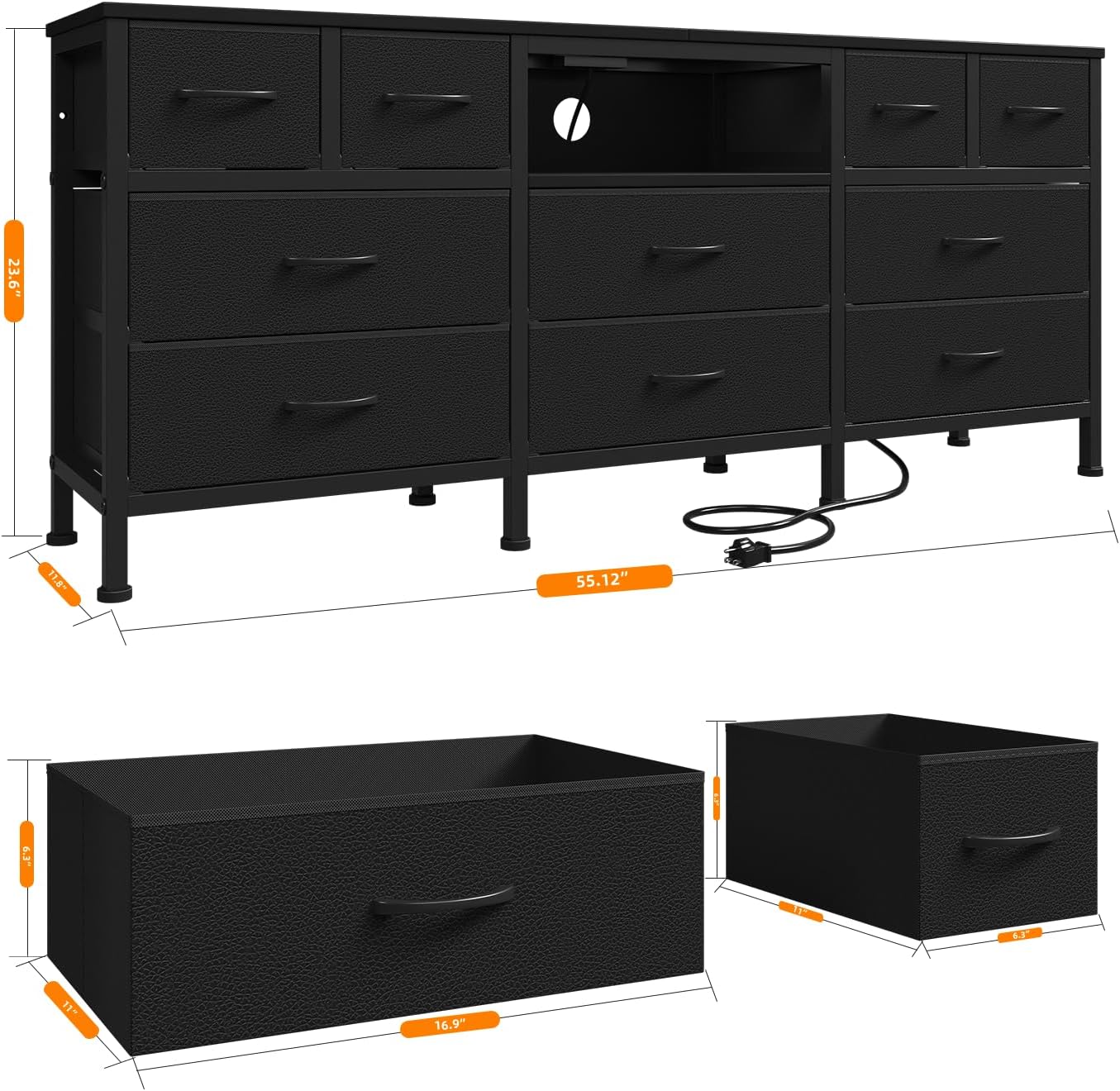 Black Dresser for Bedroom with LED Lights and Power Outlets, 55' TV Stand with 10 Drawers & Open Shelves, Fabric Chest of Drawers with PU Finish, Metal Frame, Wood Top