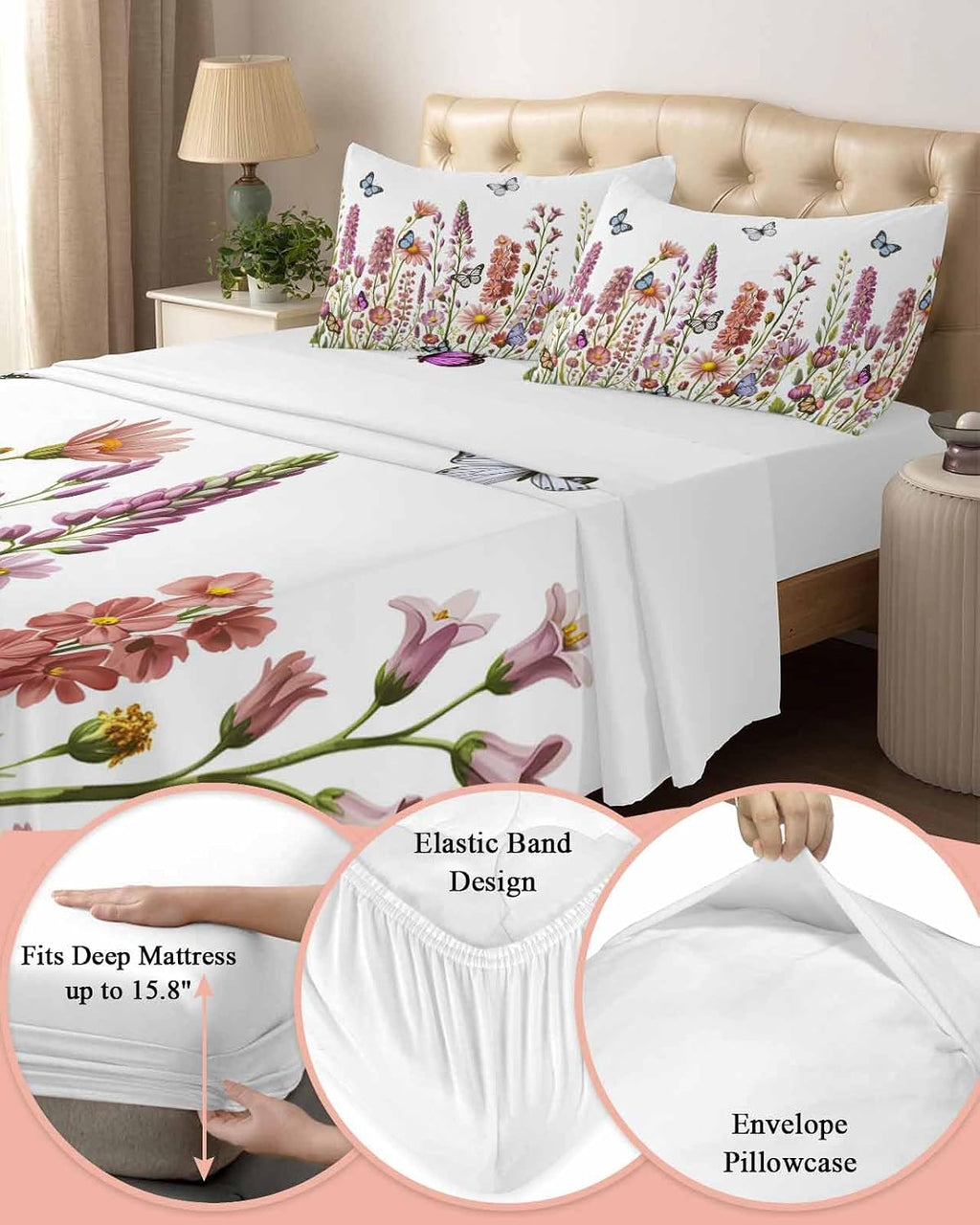 Spring Floral Cal King Sheet Set 4 Piece Bedding - Watercolor Lavender Daisy Butterflies Botanical Breathable Comfy Cooling Bed Sheets & Pillowcase Sets, Hotel Flat Sheets Deep Pockets Fitted Sheet