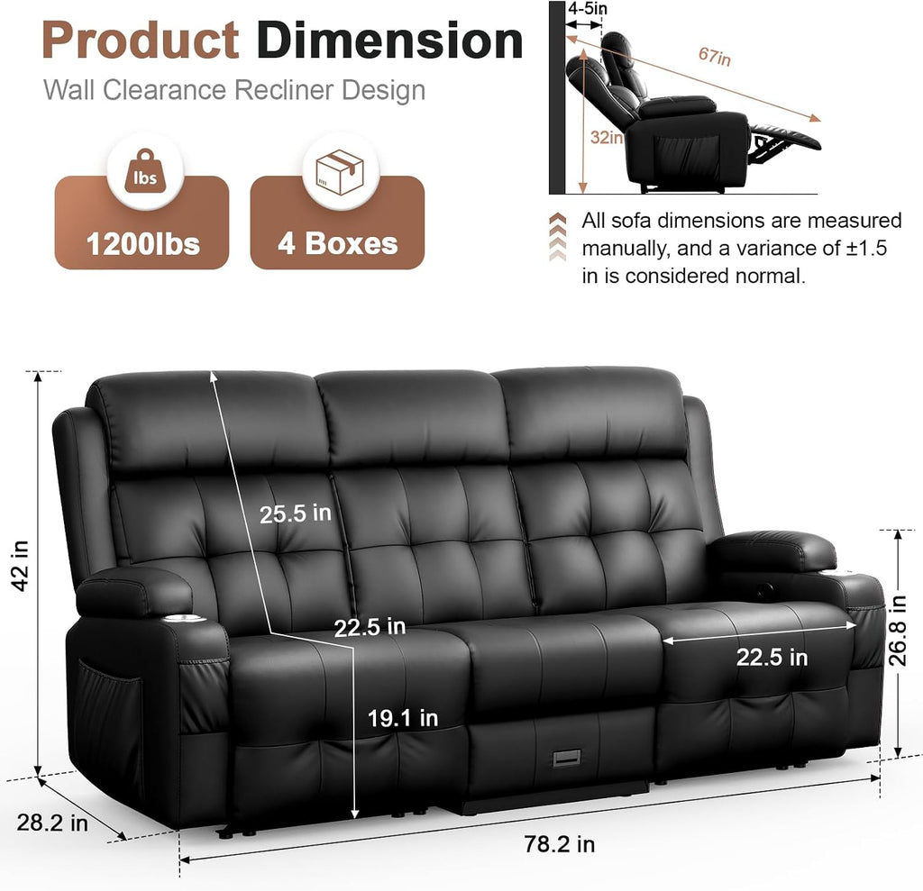 Recliner Sofa, Massage Flip Back Reclining Sofa 3 Seater Sets Heavy Weight Capacity, RV Loveseat Clearance, Recliner Couch with Storage, Cup Holders, Wall Hugger Couches for Living Room