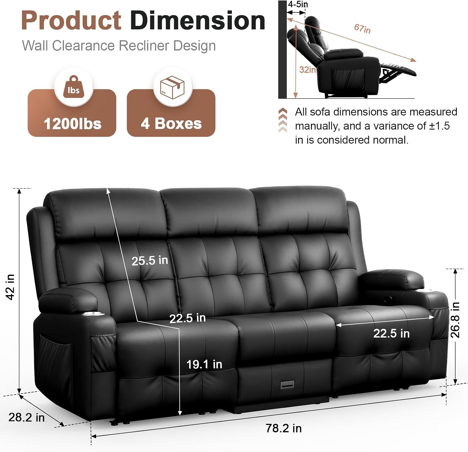 Recliner Sofa, Massage Flip Back Reclining Sofa 3 Seater Sets Heavy Weight Capacity, RV Loveseat Clearance, Recliner Couch with Storage, Cup Holders, Wall Hugger Couches for Living Room