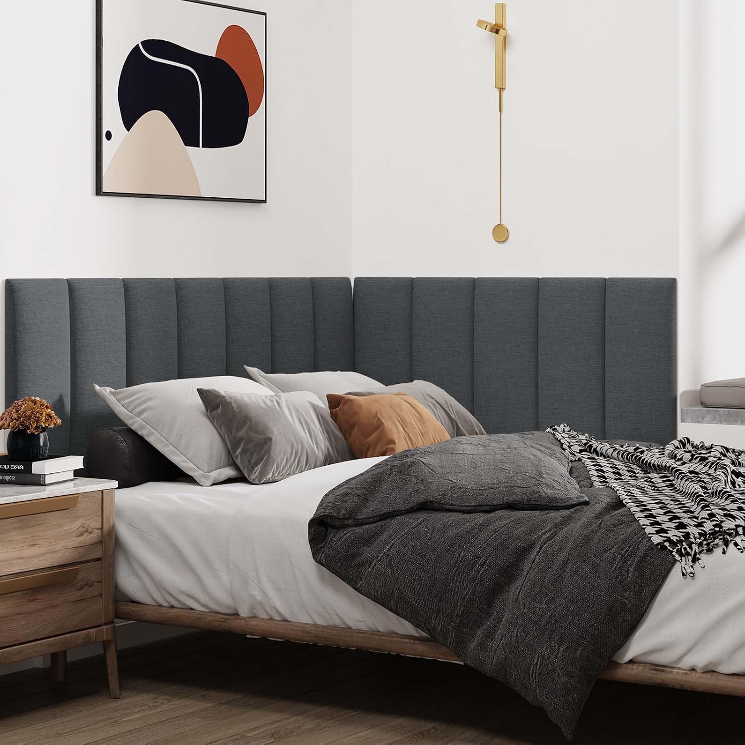 IFNOW Upholstered Wall Mounted Headboard, 3D Soundproof Wall Panels Peel and Stick for King Size, Reusable and Removable Tufted Bed Headboard in Black (12 Panels, 10' x 24')