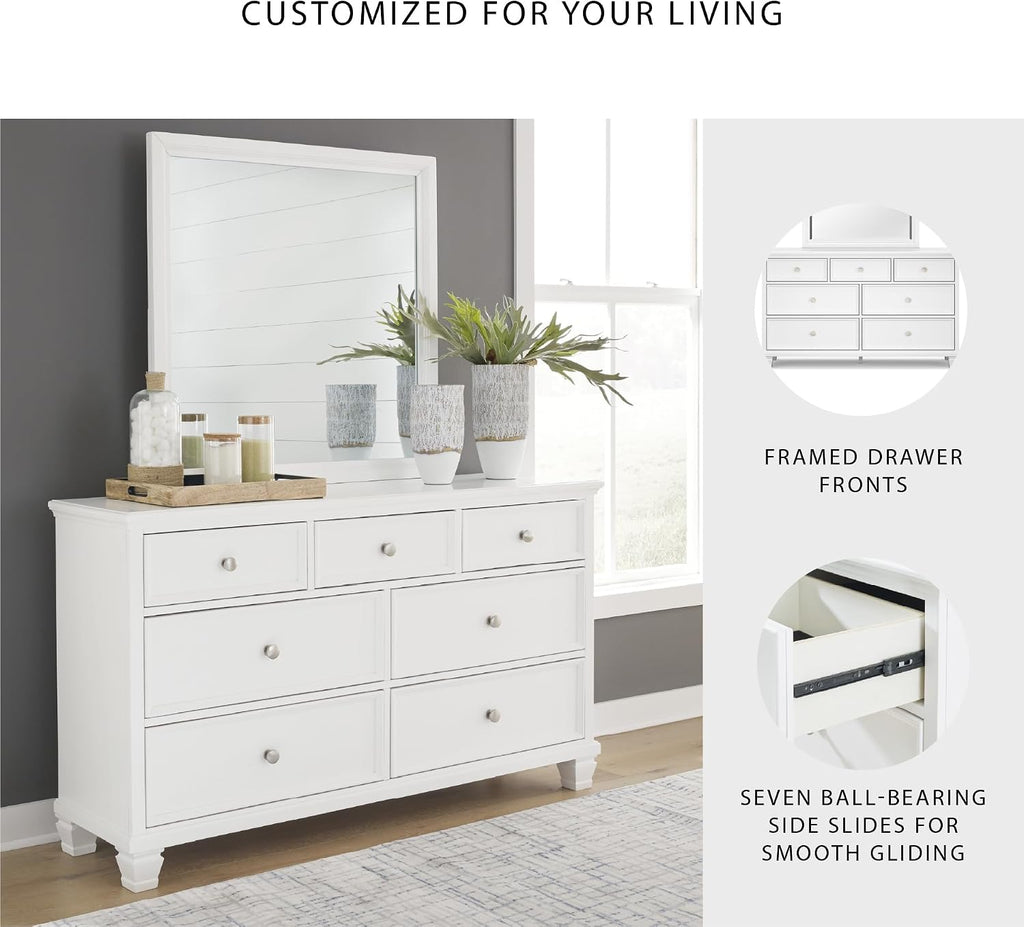 Signature Design by Ashley Fortman Casual Dresser and Mirror, Tapered Feet, 7 Storage Drawers, Round Satin Nickel Metal Knobs, Wood, 74.13' High, White