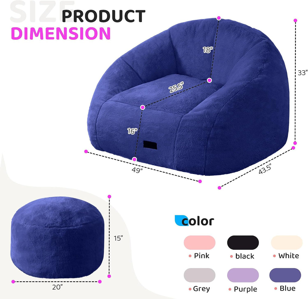 HABUTWAY Bean Bag Chair, Giant Bean Bag Chairs for Adults with Ottoman, Comfy Faux Fur Shell-Shaped Bean Bag Couch, Sofa Chair for Living Room, Bedroom, Navy Blue
