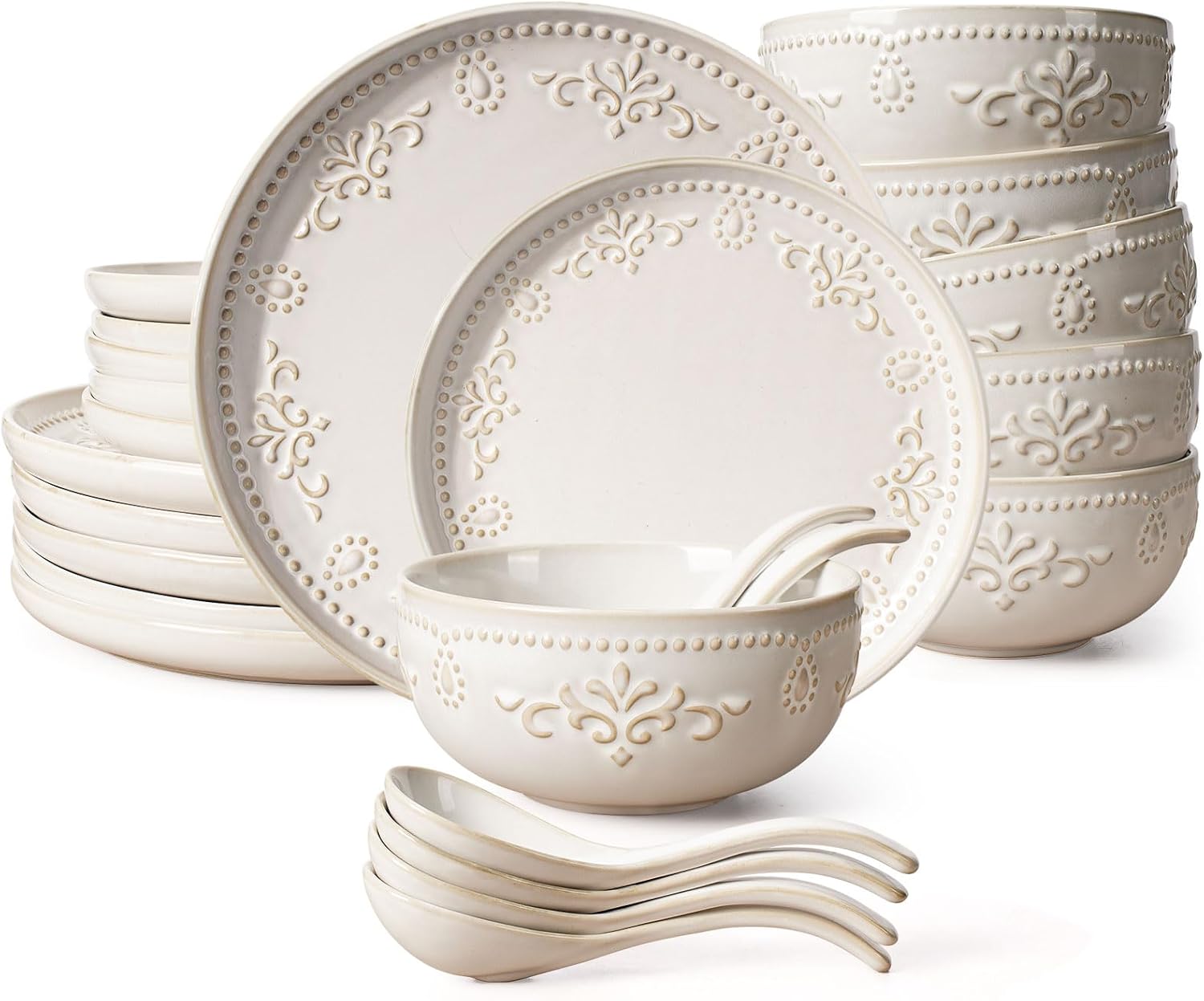 Artena Plates And Bowls Sets, 24 Pieces Dinnerware Sets, Dish Set For 6, Ceramic Kitchen Bowl And Plate Set, Embossed White Dishware Sets, Dishwasher & Microwave Safe (Damask Floral)