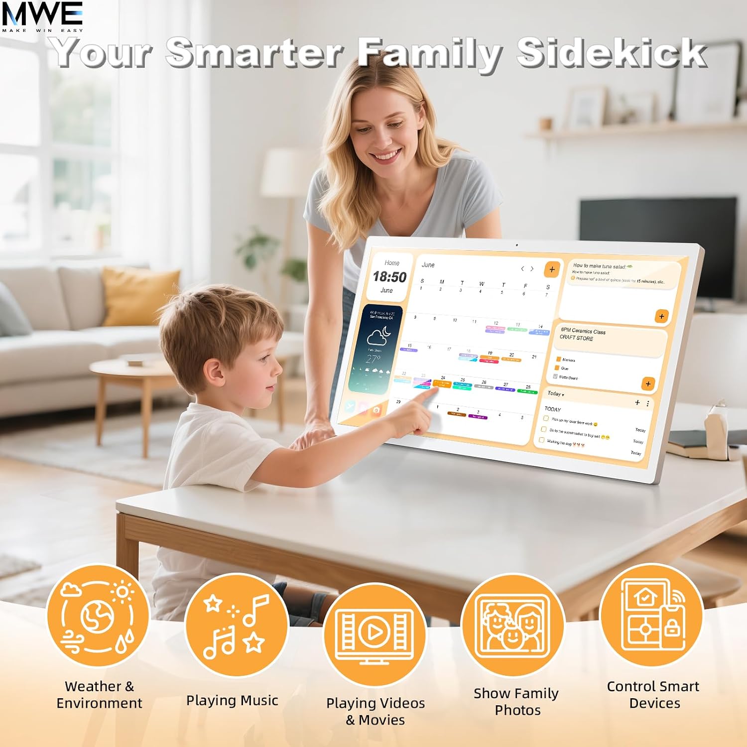 MWE 32 Inch Touchscreen Digital Calendar, Wall Planner, Desktop Smart Electronic Calendar, 8GB+128GB Android 13, Supports Google Play Apps, Office Desk Assistant & Family Schedules, Wall/Desk Stand