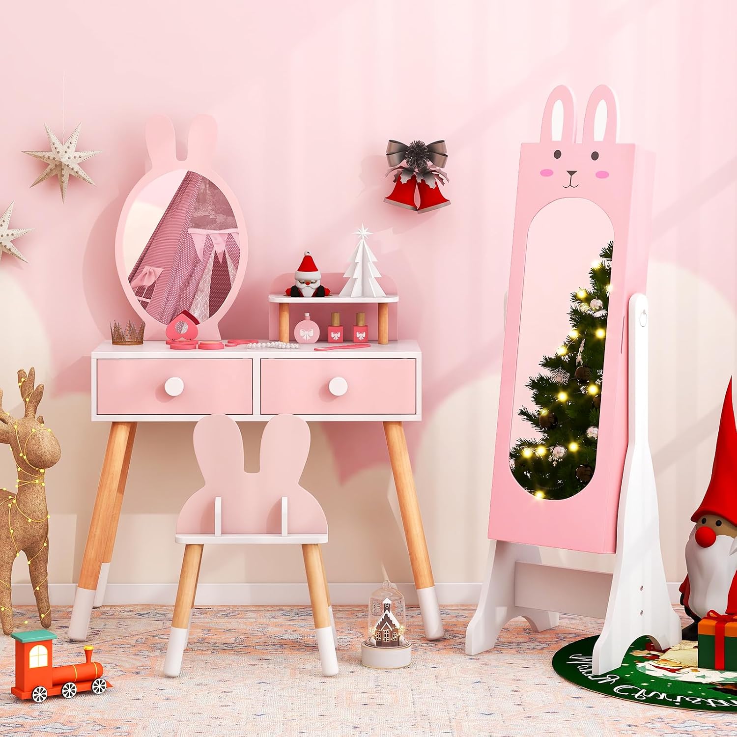 Costzon Kids Vanity Set & Jewelry Armoire Cabinet, Wooden Kids Vanity Table and Chair Set, Standing Jewelry Organizer with Full-Length Mirror, Kids Bedroom Furniture Set for Girls (Pink)