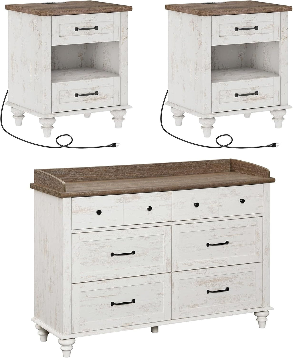 WAMPAT 3 Piece Bedroom Set - Includes 6 Drawer Dresser, Set of 2 Farmhouse Nightstands with Charging Station & Drawers & Cubby, 3 Piece Dresser and Nightstand Sets, Antique White