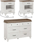 WAMPAT 3 Piece Bedroom Set - Includes 6 Drawer Dresser, Set of 2 Farmhouse Nightstands with Charging Station & Drawers & Cubby, 3 Piece Dresser and Nightstand Sets, Antique White
