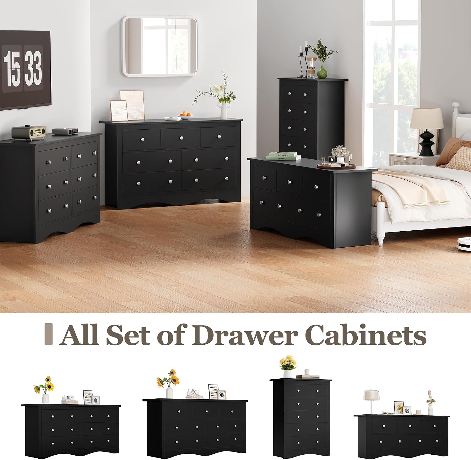 Furmax Dresser for Bedroom, 5 Wood Dresser, Chest of Drawers, for TV up to 65 inch, TV Stand Storage Chest of Drawers for Hallway Entryway (Black)