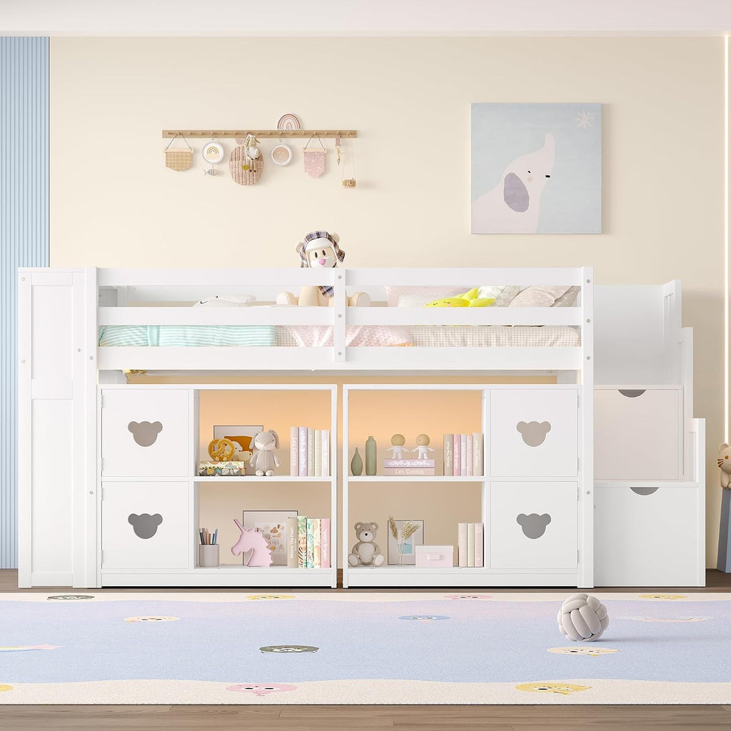 JIVOIT Twin Size Low Loft Bed with Open Shelves, Storage Cabinets, Storage Headboard and Stair, Full-Length Guardrails, No Box Spring Needed (White, 50)