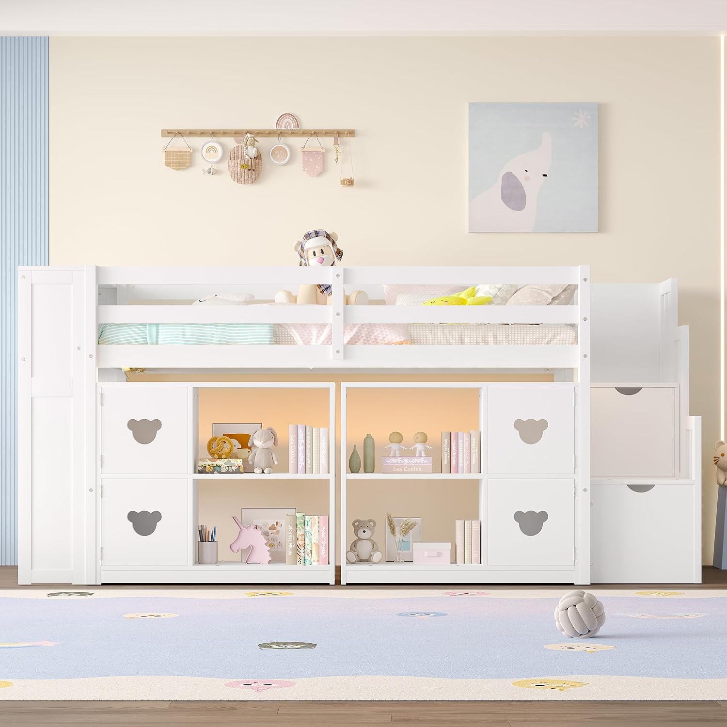 JIVOIT Twin Size Low Loft Bed with Open Shelves, Storage Cabinets, Storage Headboard and Stair, Full-Length Guardrails, No Box Spring Needed (White, 50)