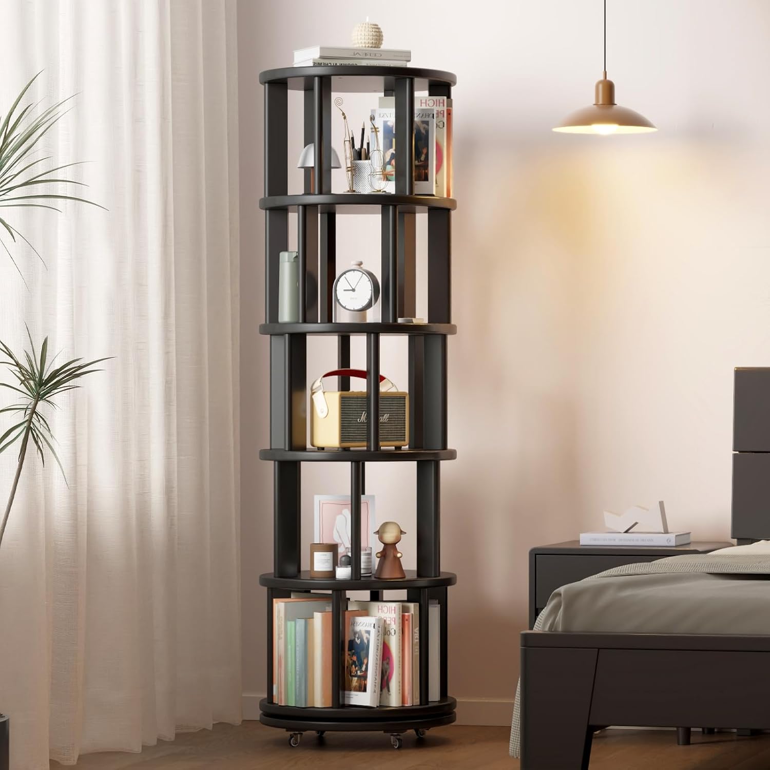 Muwuele Solid Wood Rotating Bookshelf on Wheels, 5 Tier, Round Revolving Bookcase, 360° Spinning Book Shelf Tower for Kids, Narrow Rolling Bookshelves for Small Space, Corner, Bedroom, Office, Black