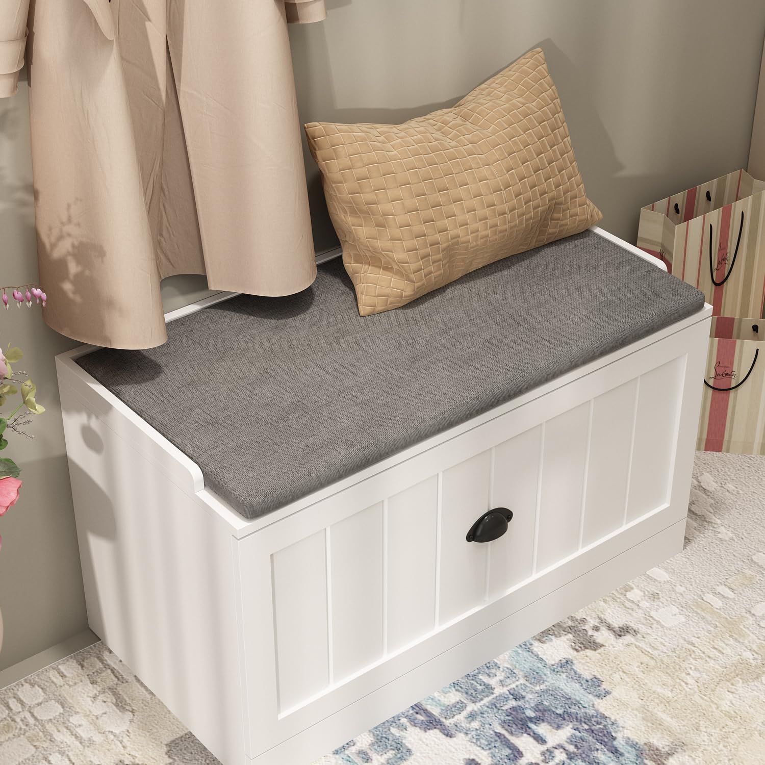 AIEGLE Entryway Hall Tree Set with Shoe Bench & Wall Mounted Coat Rack, 3-in-1 Entryway Storage Bench with Drawer & Cushion, Hall Tree Coat Rack with 4 Hooks for Hallway Hanging, White