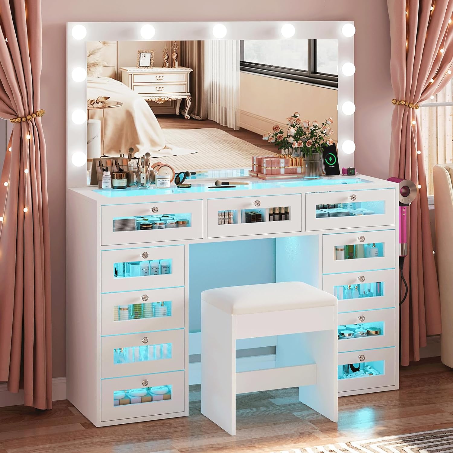 White Luxury Makeup Vanity with 11 Drawers & RGB Lights, Large Vanity Table with Padded Stool & 11 LED Bulbs, Vanity Desk with Power Station and Hair Dryer Holder, for Women Girls Bedroom.