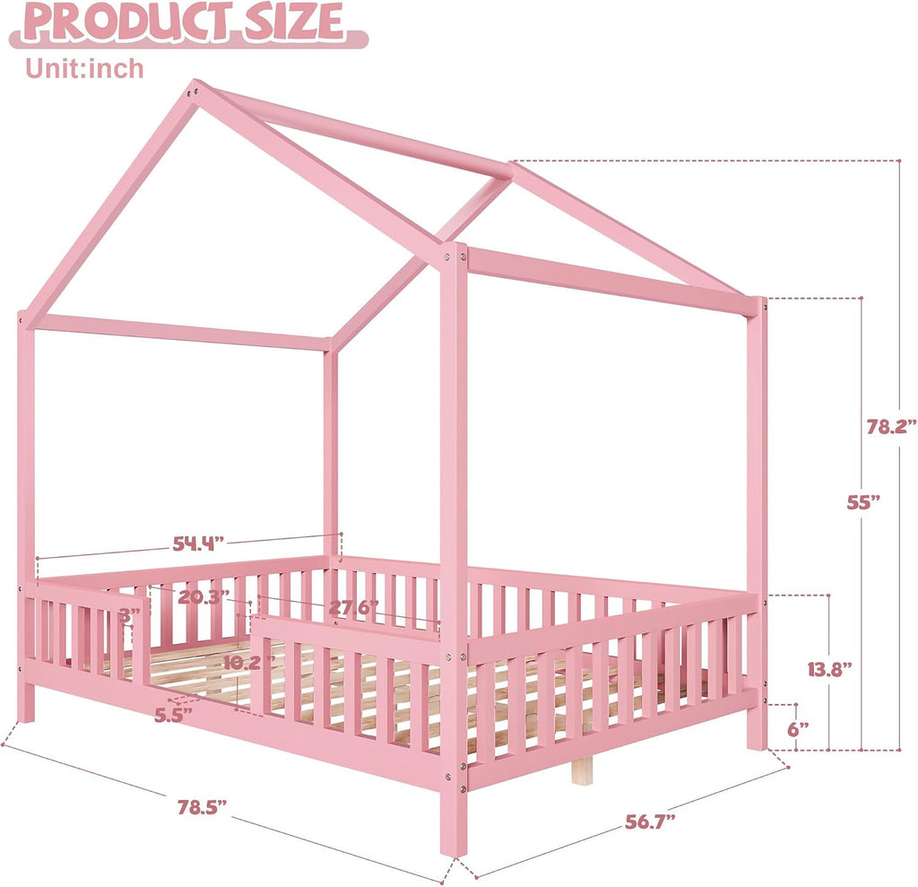 Full Montessori Floor House Bed with High Rails, Wood Kids Low Floor Bed with Roof & Canopy, Montessori Full Kids Bed Frame for Girls, Boys,No Box Spring Needed, Pink