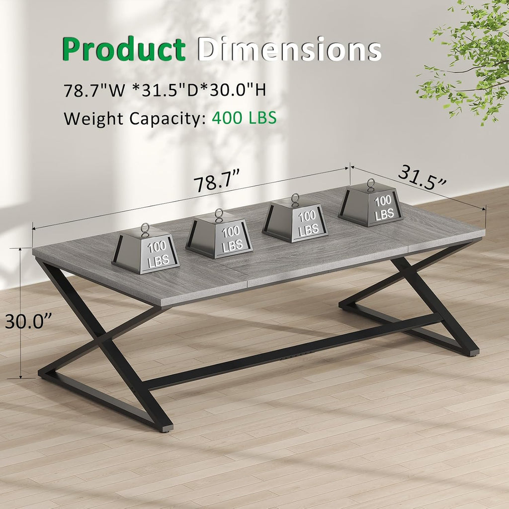 IBF Extra Large Desk, 78.7' Long Home Office Computer Desk, Simple Wide Work Desks for Writing Study in Bedroom, Industrial Wood Metal Game Desks Executive Workstation Conference Table, Light Grey Oak