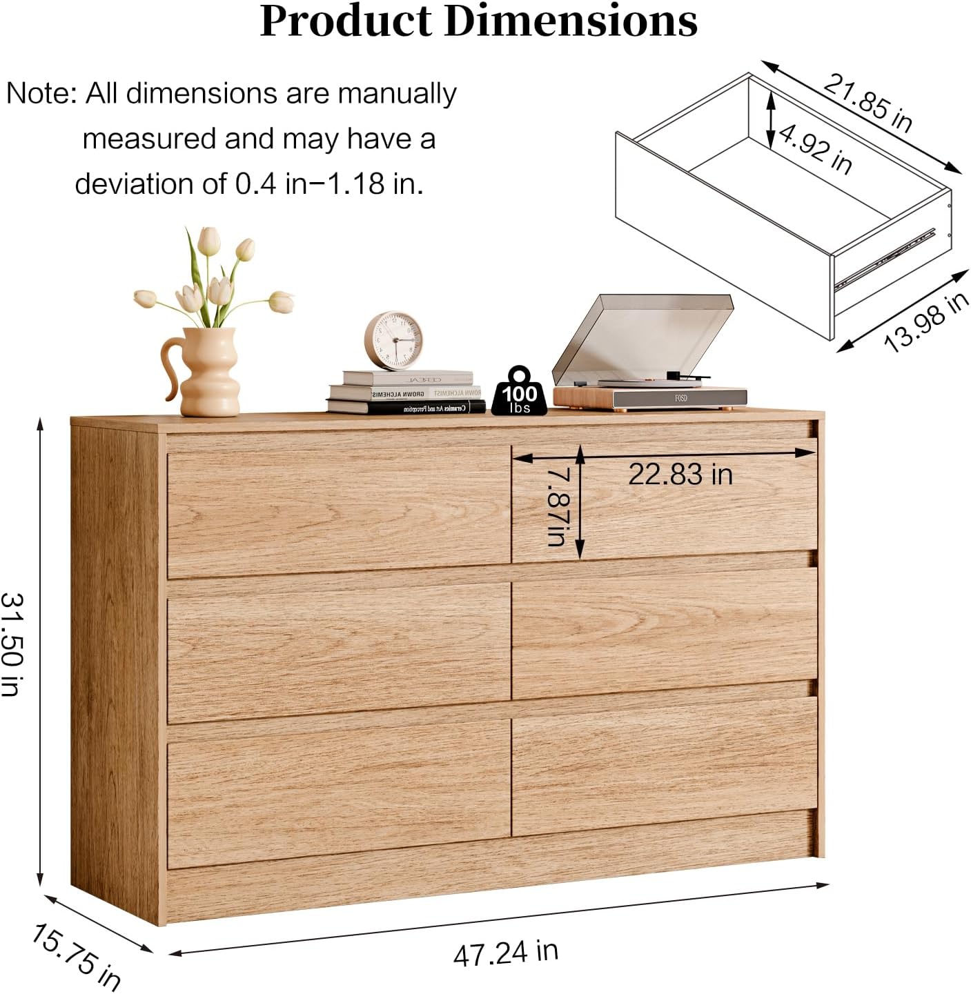 Chrangmay Modern Chest of Drawers with 6 Drawers,Deep Drawers,Clothes Organizer,Large Storage Cabinet for Living Room, Bedroom,Hallway,with Anti-Tipping Device,Raw