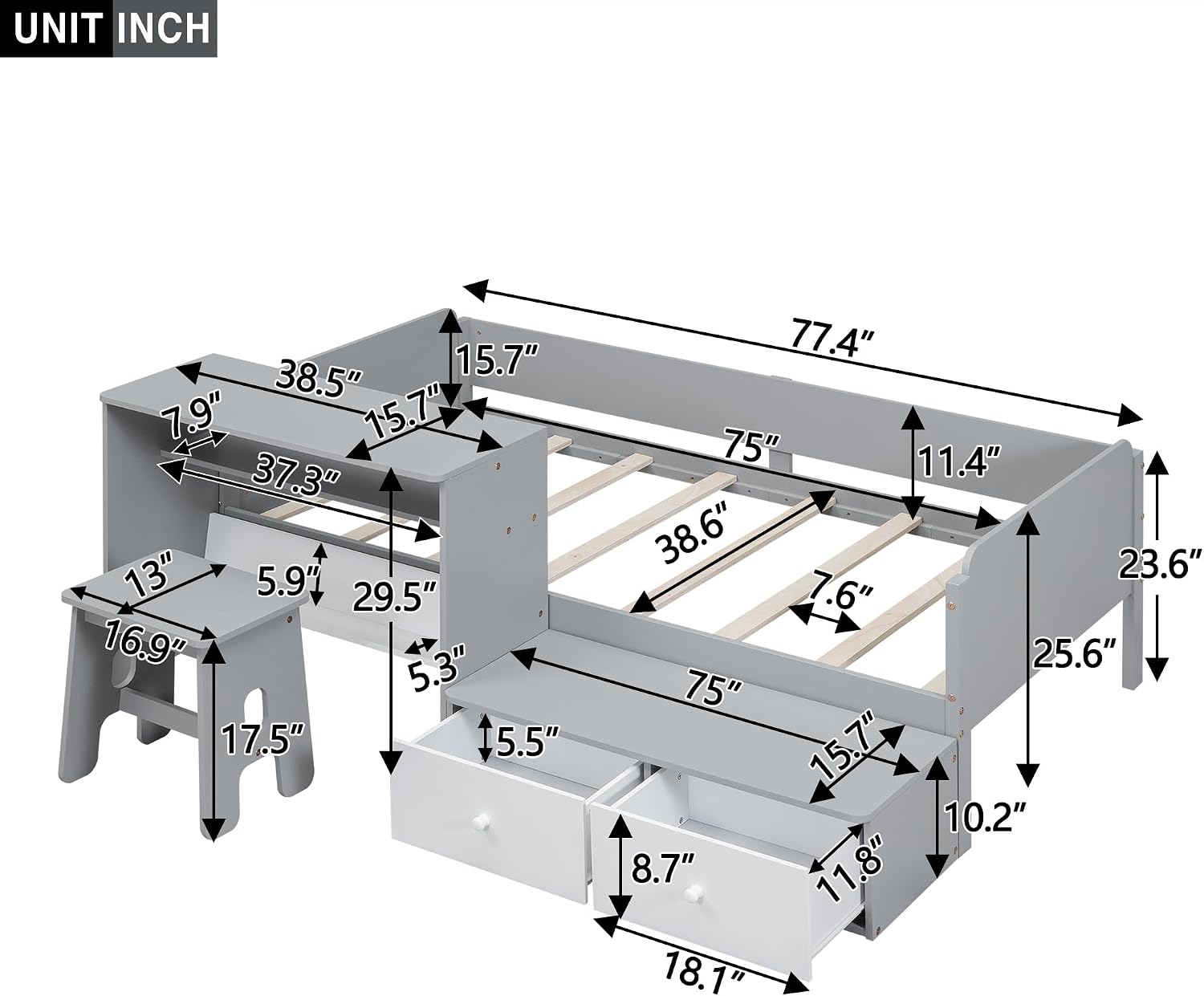 Functional Design Twin Size Platform Bed Daybed with 2 Drawers and 1 Chair&Desk Set, Solid Wood Daybed Frame with Full-Length Guardrails for Kids Boys Girls, Sturdy Slat Support (Gray+White)