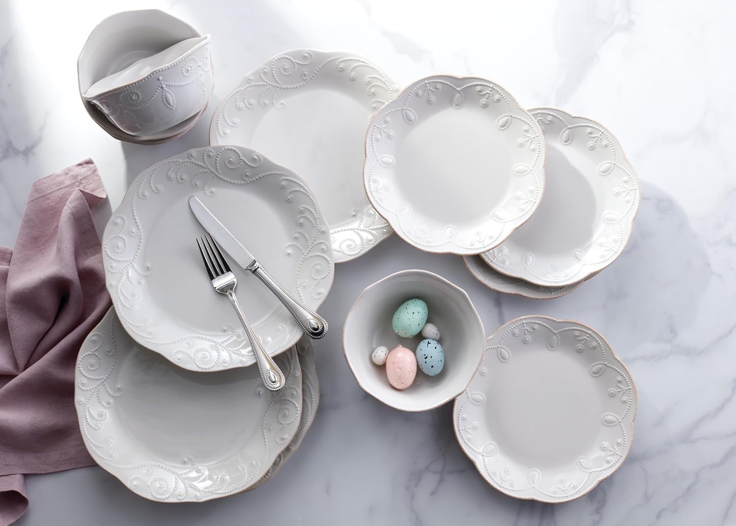 Lenox Dinnerware Set, French Perle White 12-Piece Set, Service For 4, Stoneware Material, Dishwasher Safe, Microwave Safe, Plates, Bowls, Home & Kitchen, Plates And Bowls Sets (White, 12 Piece)