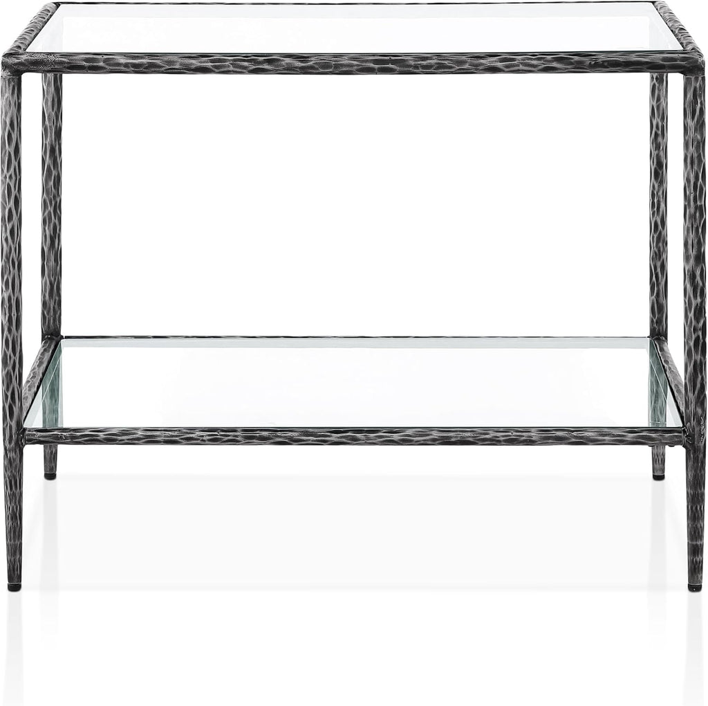 24/7 Shop at Home Lalia Hammered Metal 3-Piece Bedroom Collection, Upholstered Bed Frame with Beige Fabric Headboard, Forged Steel, Bench and 1-Shelf Nightstand, Foundation Required, Full, Matte Grey