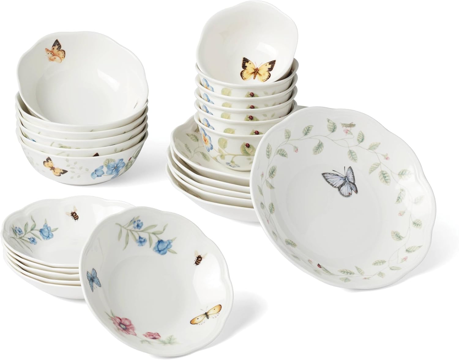 Lenox Dinnerware Set, Butterfly Meadow 24-Piece Bowls Set, Service For 6, Elegant Porcelain Dinnerware, Microwave And Dishwasher Safe, Dish Set, Plates & Dishes, Ramen Bowl (Assorted, 24 Piece)