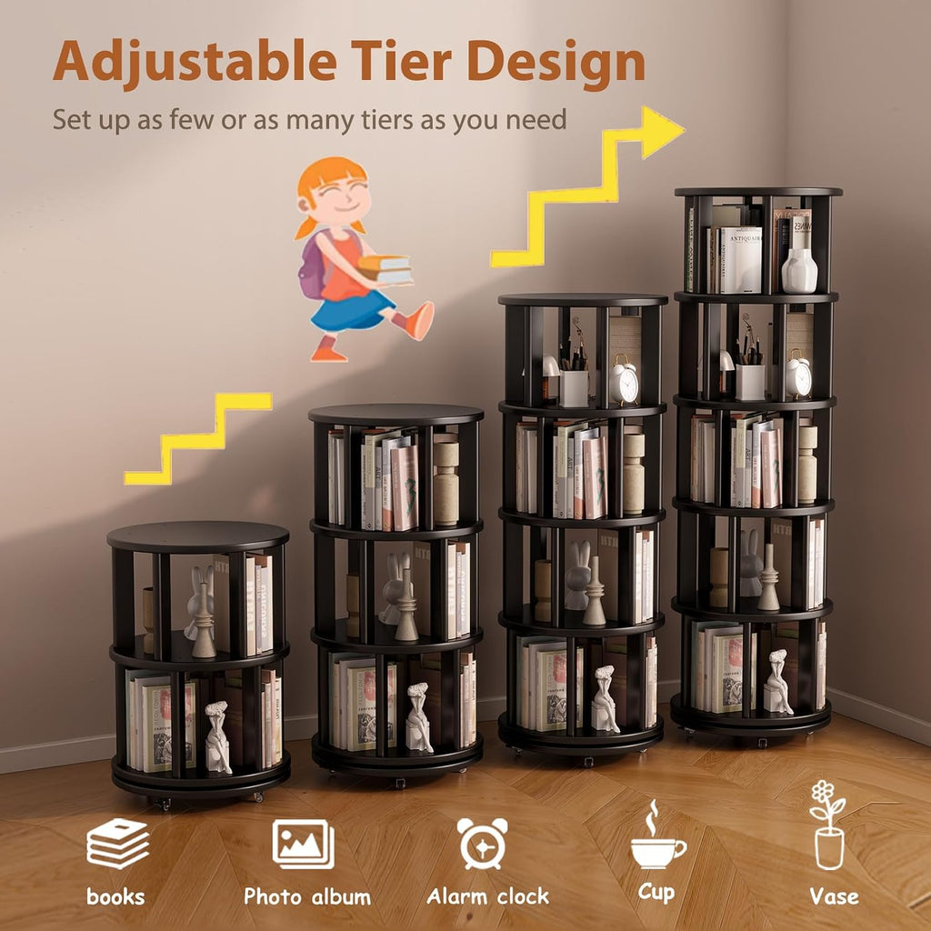 Muwuele Solid Wood Rotating Bookshelf on Wheels, 5 Tier, Round Revolving Bookcase, 360° Spinning Book Shelf Tower for Kids, Narrow Rolling Bookshelves for Small Space, Corner, Bedroom, Office, Black