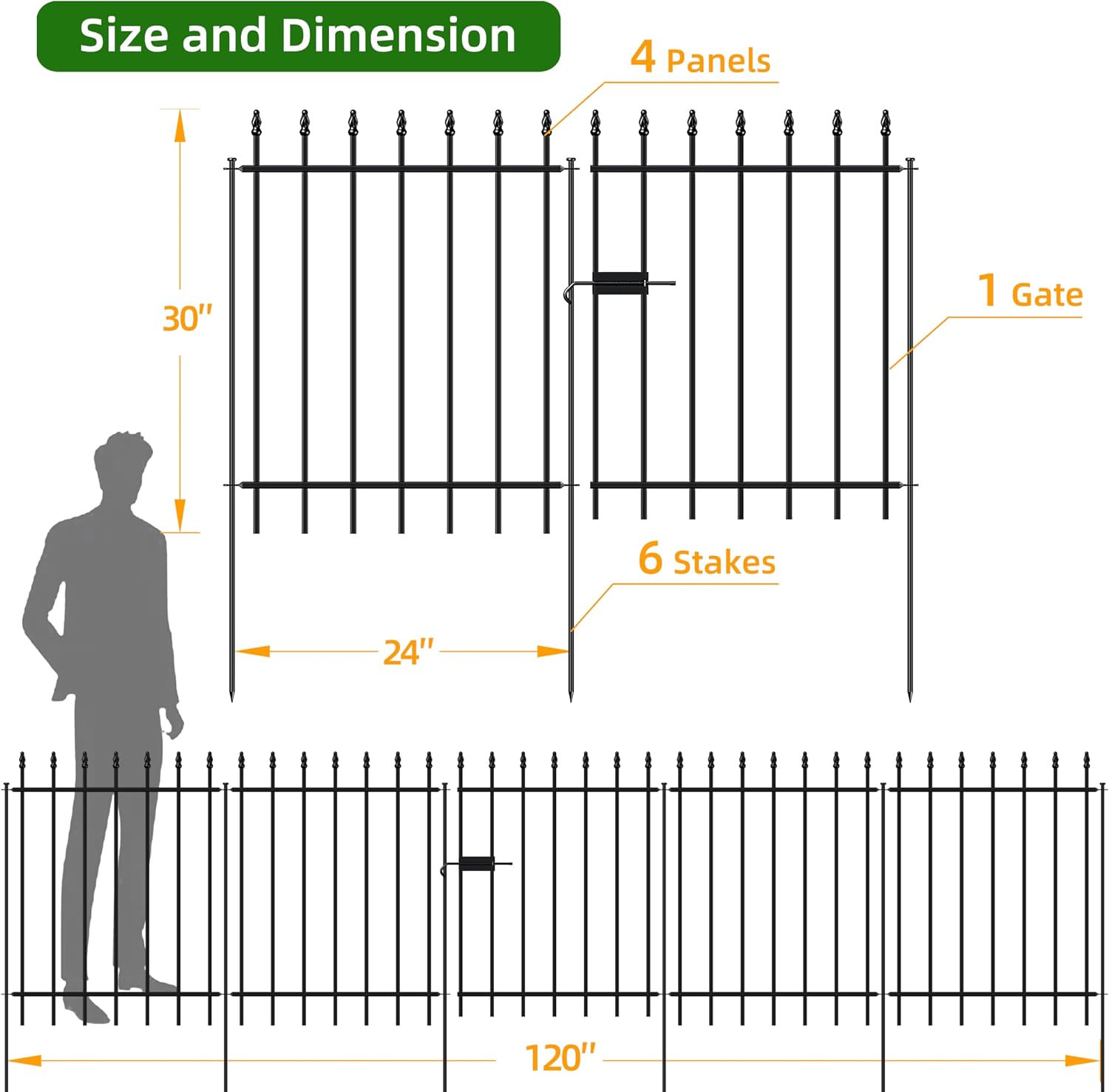 FOREHOGAR Metal Garden Fence with Gate 30 in H x 10 ft L, 1 Gate + 4 Panels Border Fence Panels Animal Barrier for Dogs, No Dig Garden Fencing for Yard Patio Flower Bed Lawn Outdoor, Black