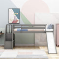 Twin Low Loft Bed with Adjustable Slide/Staircase/Storage Shelves for Kid/Boy/Girl/Teens, Full-Length Guardrails, Solid Wood, Space-Saving (Gray+Low Loft Bed)