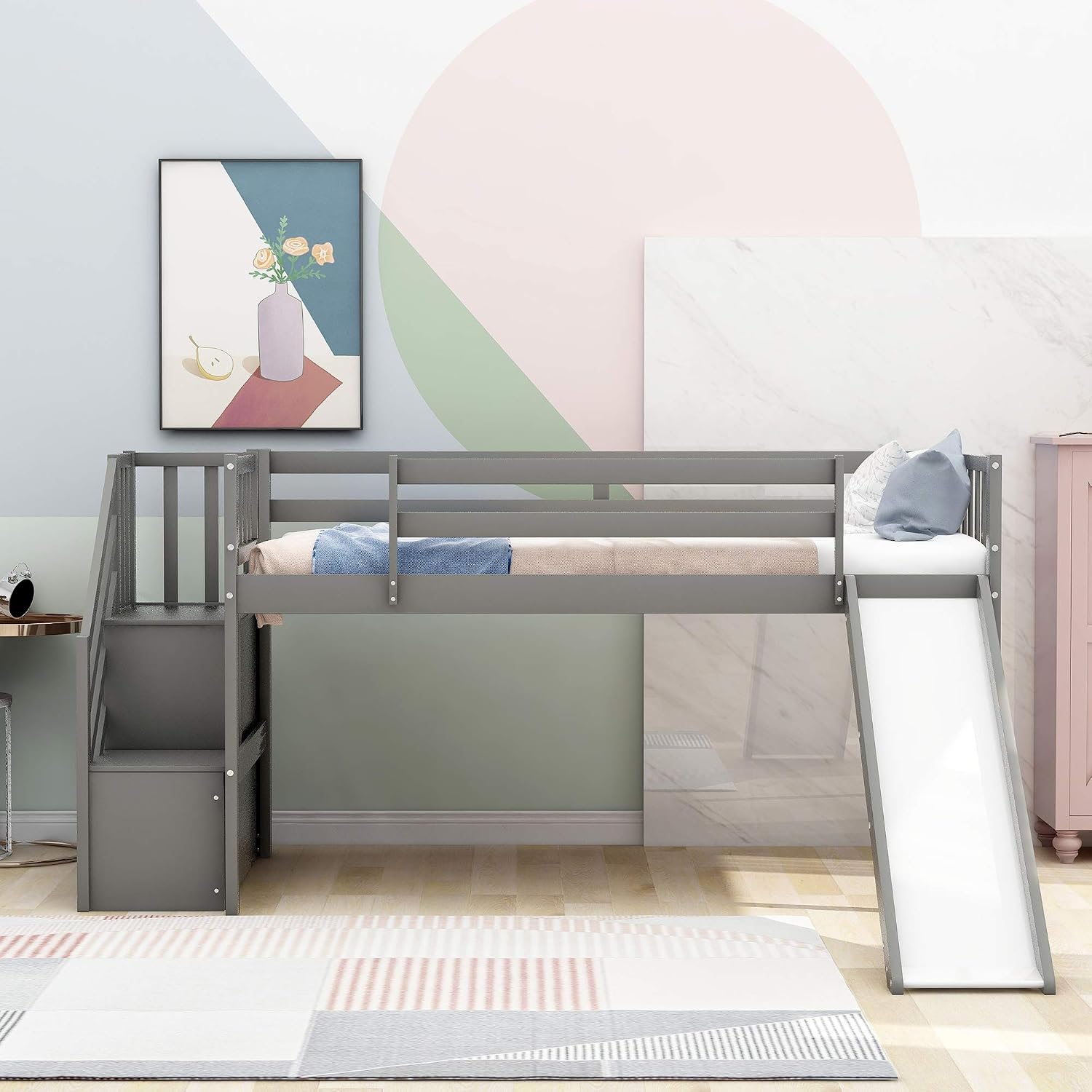 Twin Low Loft Bed with Adjustable Slide/Staircase/Storage Shelves for Kid/Boy/Girl/Teens, Full-Length Guardrails, Solid Wood, Space-Saving (Gray+Low Loft Bed)