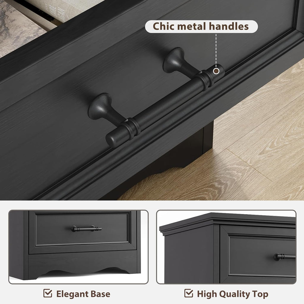 Black Nightstand with Charging Station, 19.7' Farmhouse End Table with 3 Drawers Storage, Bedside Table with Brushed Metal Handles, Unique Base Design, 3 Drawer Dresser for Bedroom, Living Room