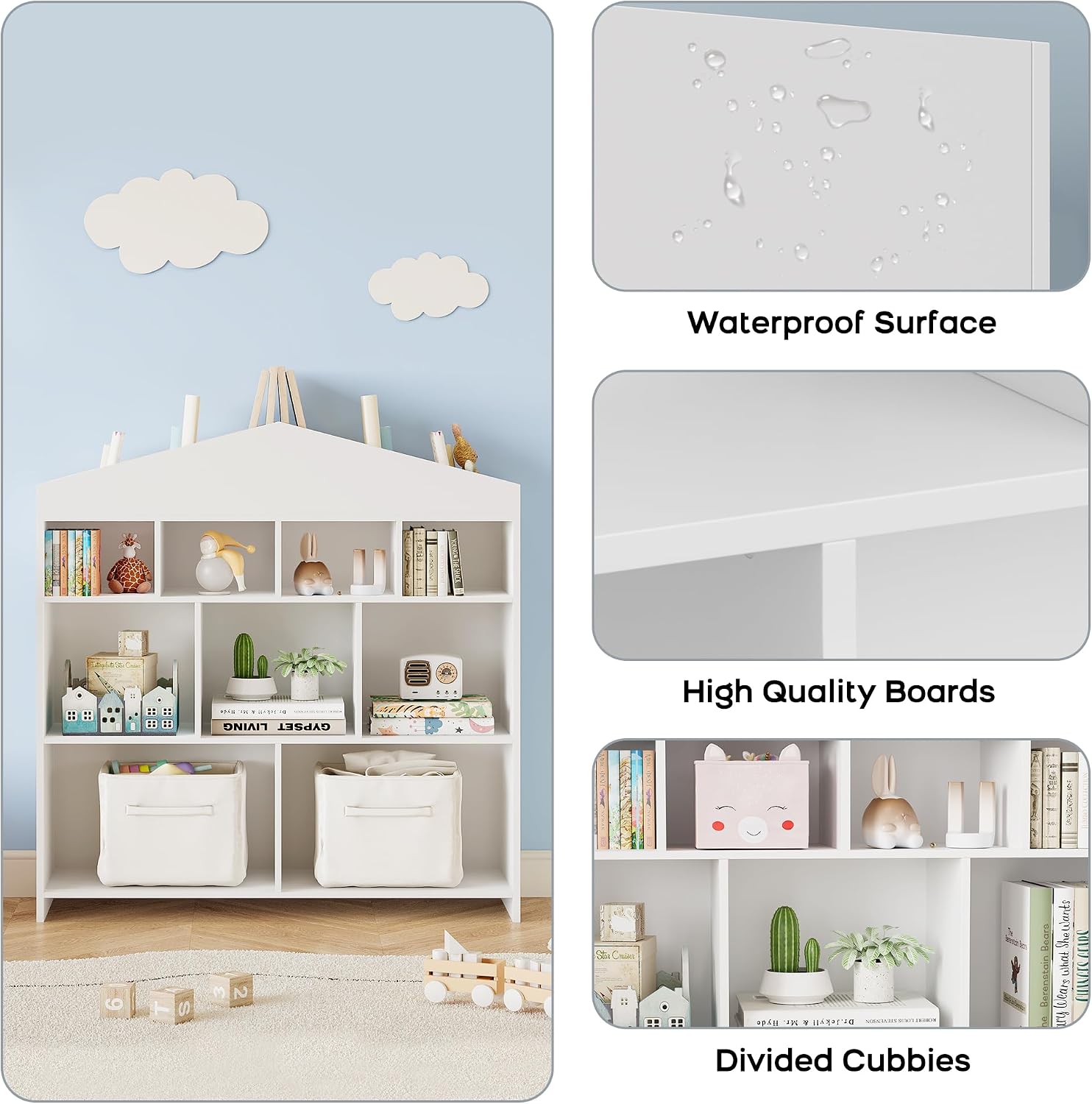 IDEALHOUSE Toy Storage Organizer 8 Cubes Kids Bookshelf Dollhouse Bookcase Rack Toddlers Playhouse Shelves Cabinet for Boys Girls Wooden Toy Chest Playroom, Classroom, Nursery, Kids Room,White