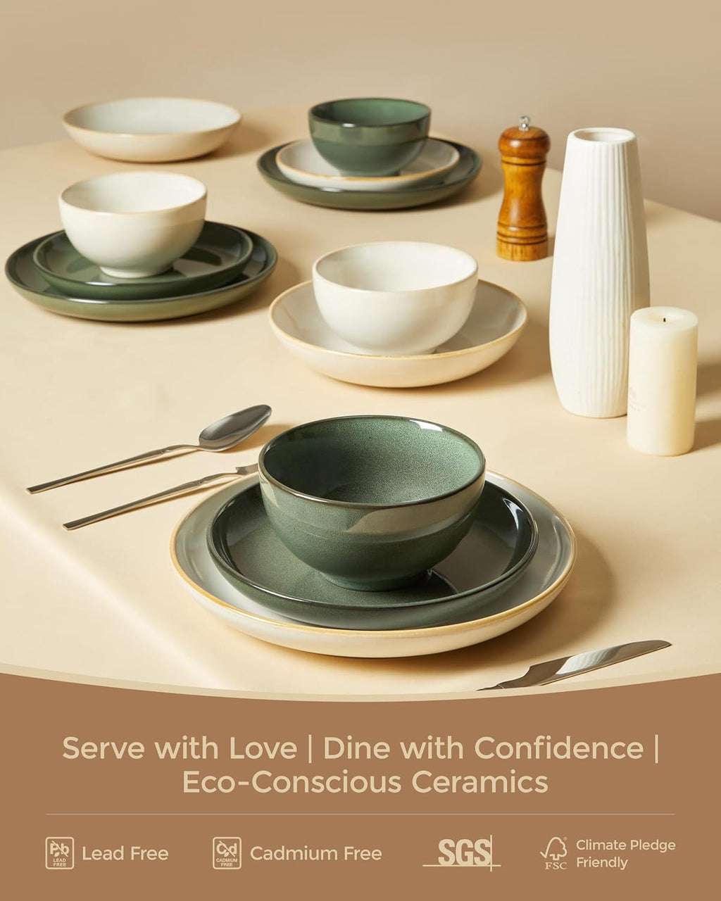Pokini 24 Piece Double Bowl Dinnerware Sets with Pasta Bowls, Highly Chip and Crack Resistant Plates and Bowls Sets, Natural Earthyware Ceramic Dishware Sets, Service for 6 Yellow White