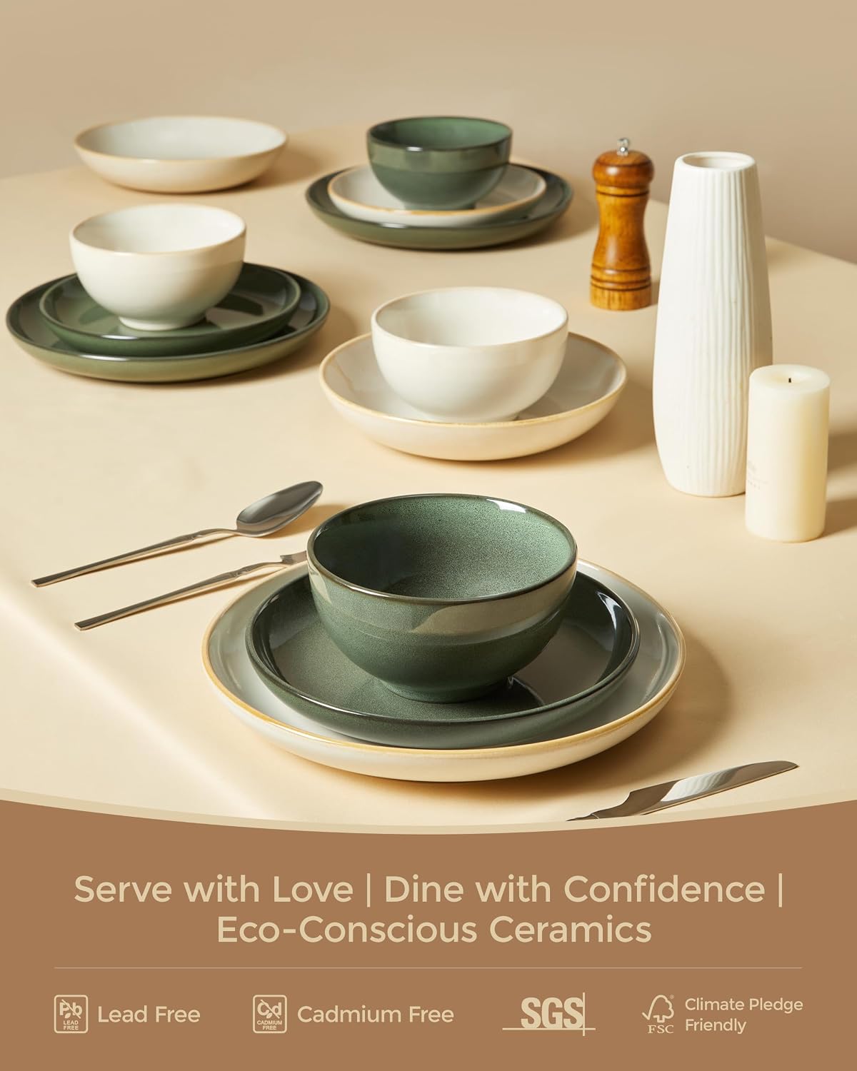 Pokini 24 Piece Double Bowl Dinnerware Sets with Pasta Bowls, Highly Chip and Crack Resistant Plates and Bowls Sets, Natural Earthyware Ceramic Dishware Sets, Service for 6 Yellow White