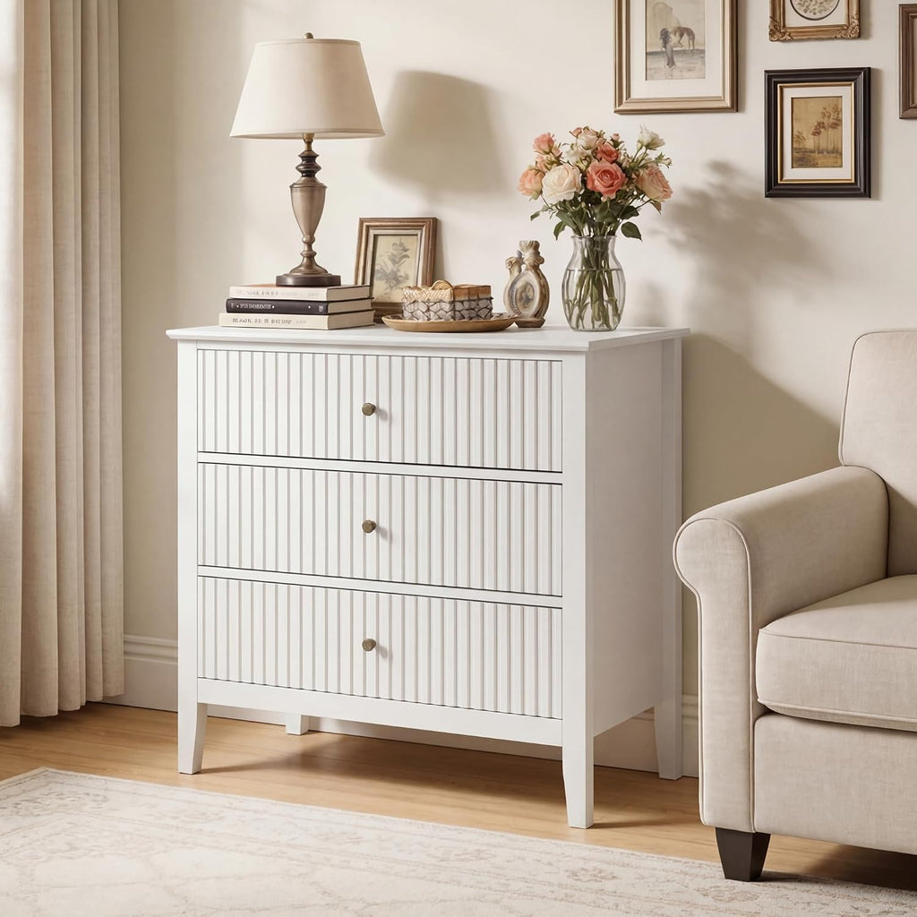 RoyalCraft Large 3 Drawer Dresser Set of 2, Fluted Wood Chest of Drawers with Storage, Modern Painted 30 inch Wide Nightstand for Bedroom Living Room Entryway, White