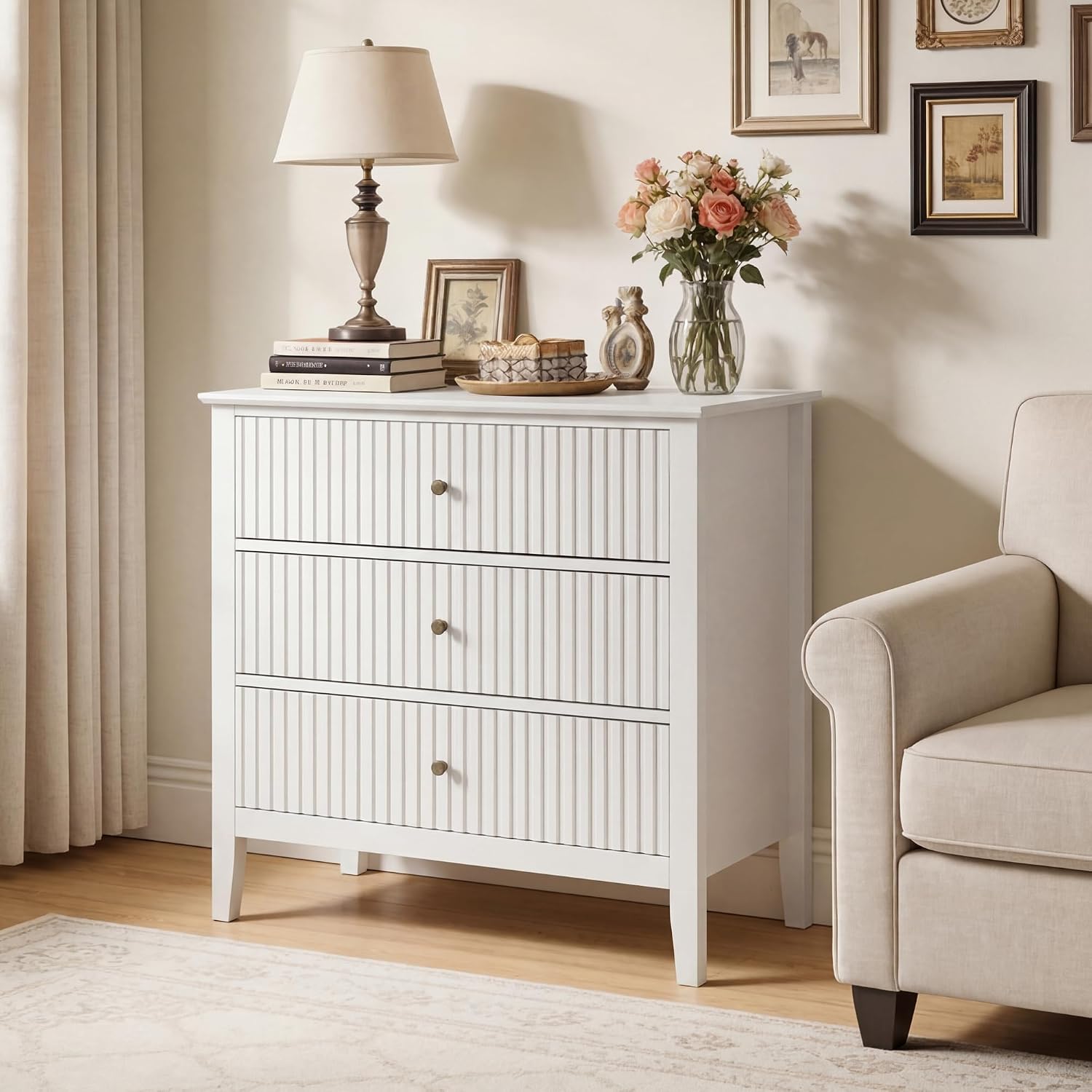 RoyalCraft Large 3 Drawer Dresser Set of 2, Fluted Wood Chest of Drawers with Storage, Modern Painted 30 inch Wide Nightstand for Bedroom Living Room Entryway, White