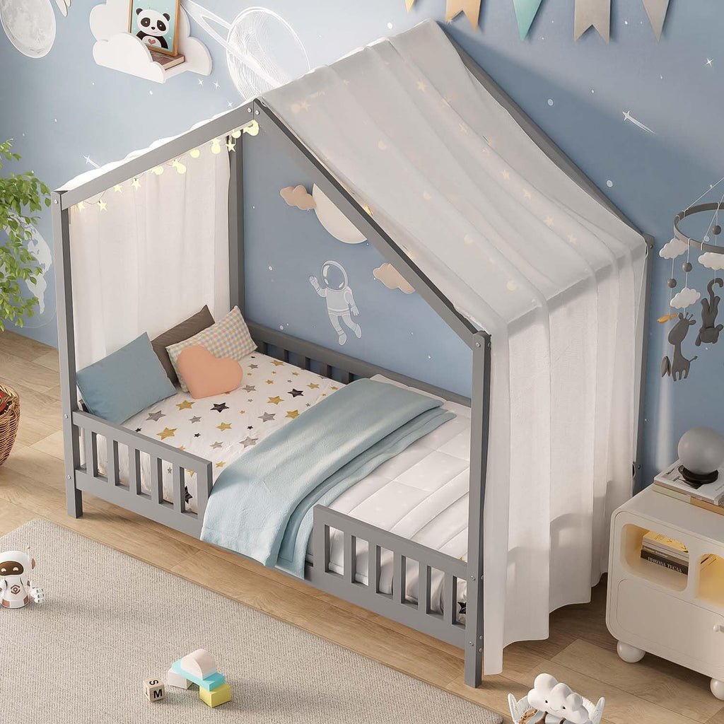 Cute Montessori Bed Frame Twin Size with Canopy, Low Profile House Shape Bed with Safety Railing & Wood Slat Support, Kids Playhouse Bedframes for Boys Girls (Grey, Twin)
