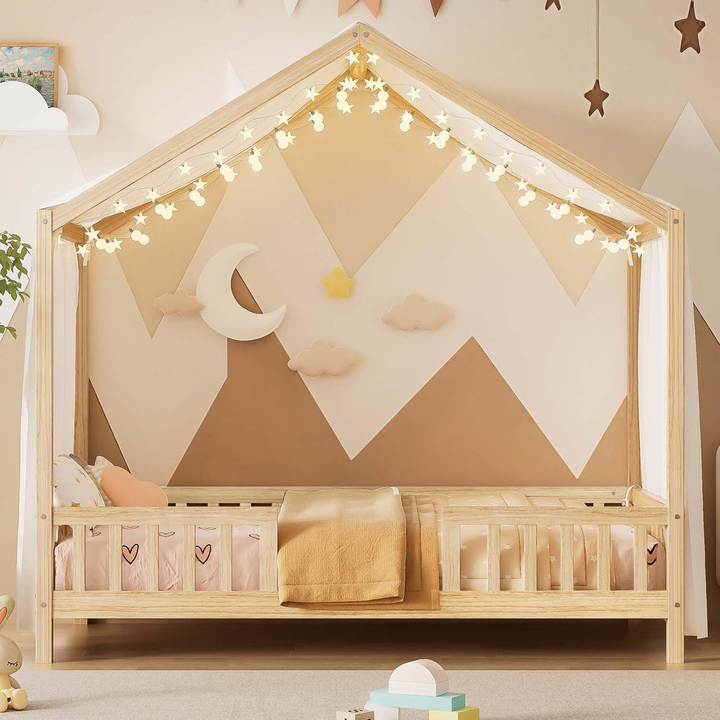 Cute Montessori Bed Frame Twin Size with Canopy, Low Profile House Shape Bed with Safety Railing & Wood Slat Support, Kids Playhouse Bedframes for Boys Girls (Natural, Twin)