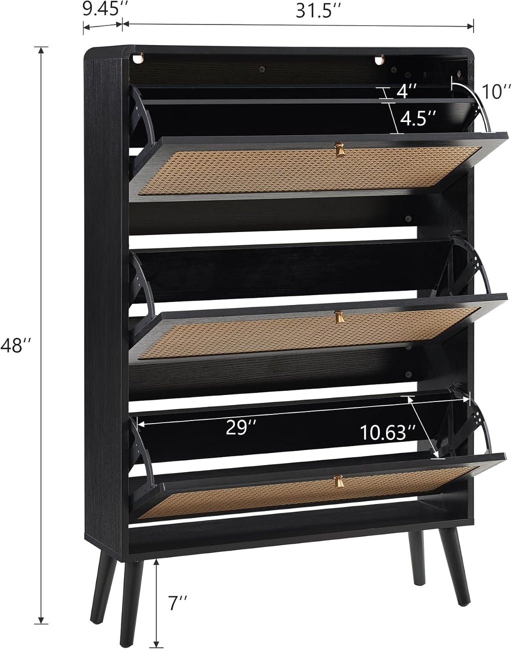 Storage Cabinet With 3 Flip Drawer Natural Rattan Shoe Organizer Freestanding Wooden Rack With Metal Legs for Entryway Hallway Bedroom Mudroom (Black)