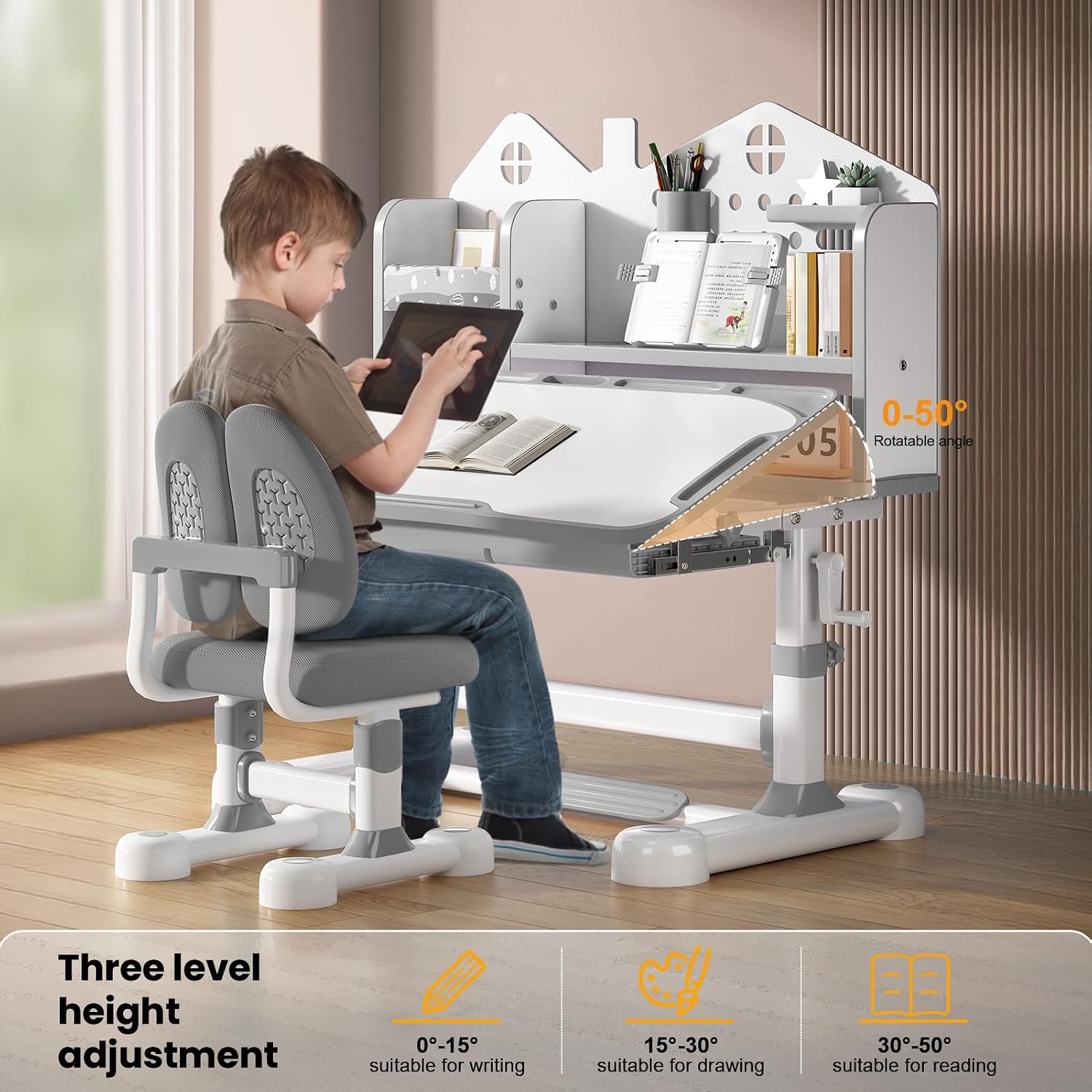 Kids Desk and Chair Set - Height Adjustable Ergonomic Study Desk with Easy-Turn Crank, 50° Tiltable Desktop, Storage Drawer & Built-in Bookstand for Children Boys & Girls Ages 3-12 (Grey)